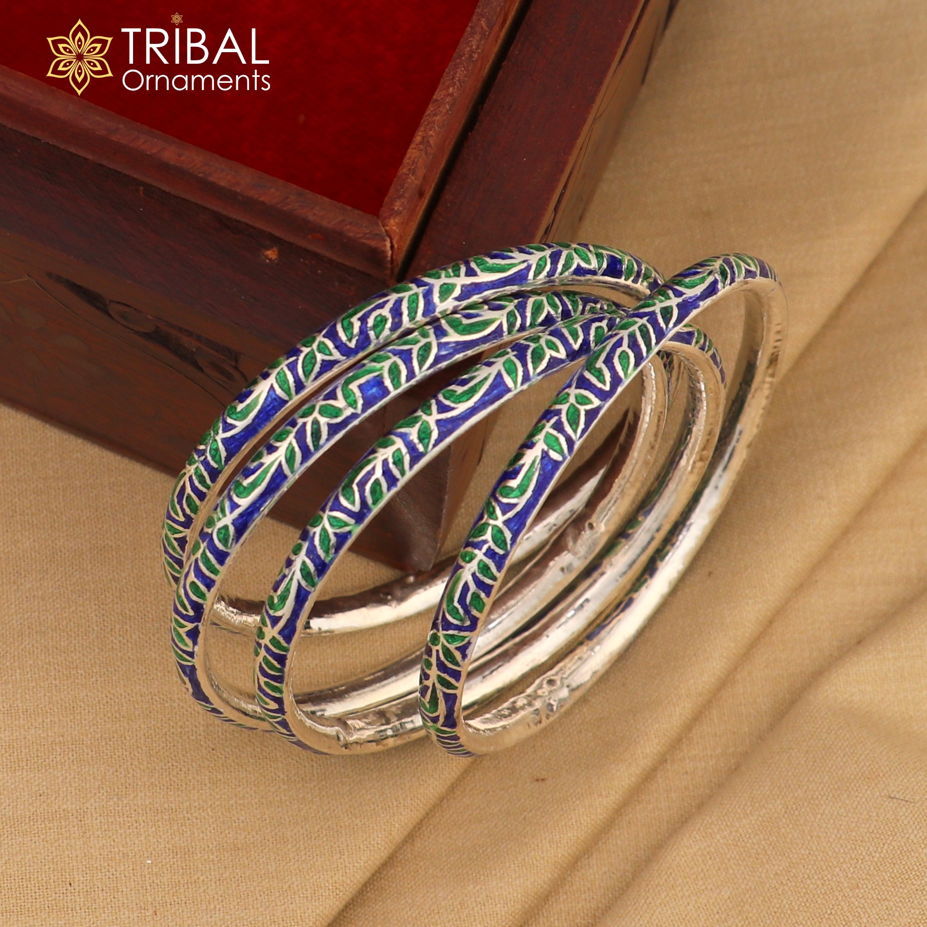 Sterling silver handcrafted enamel bangles bracelet with colorful vintage design, ideal for bridal jewelry by TRIBAL ORNAMENTS.