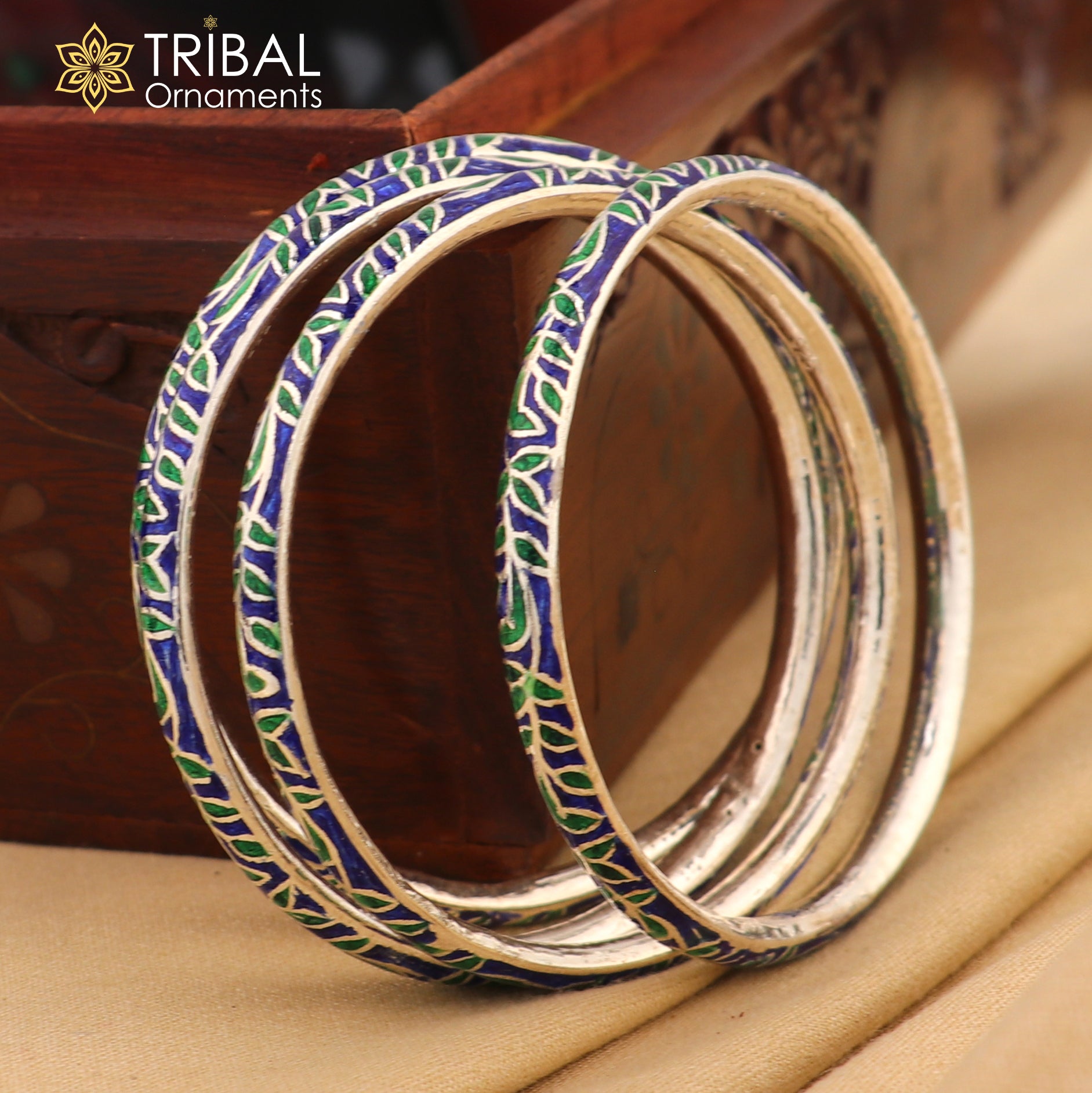 Sterling silver handcrafted enamel bangles bracelet by TRIBAL ORNAMENTS, vintage-style colorful jewelry for brides on the wrist.