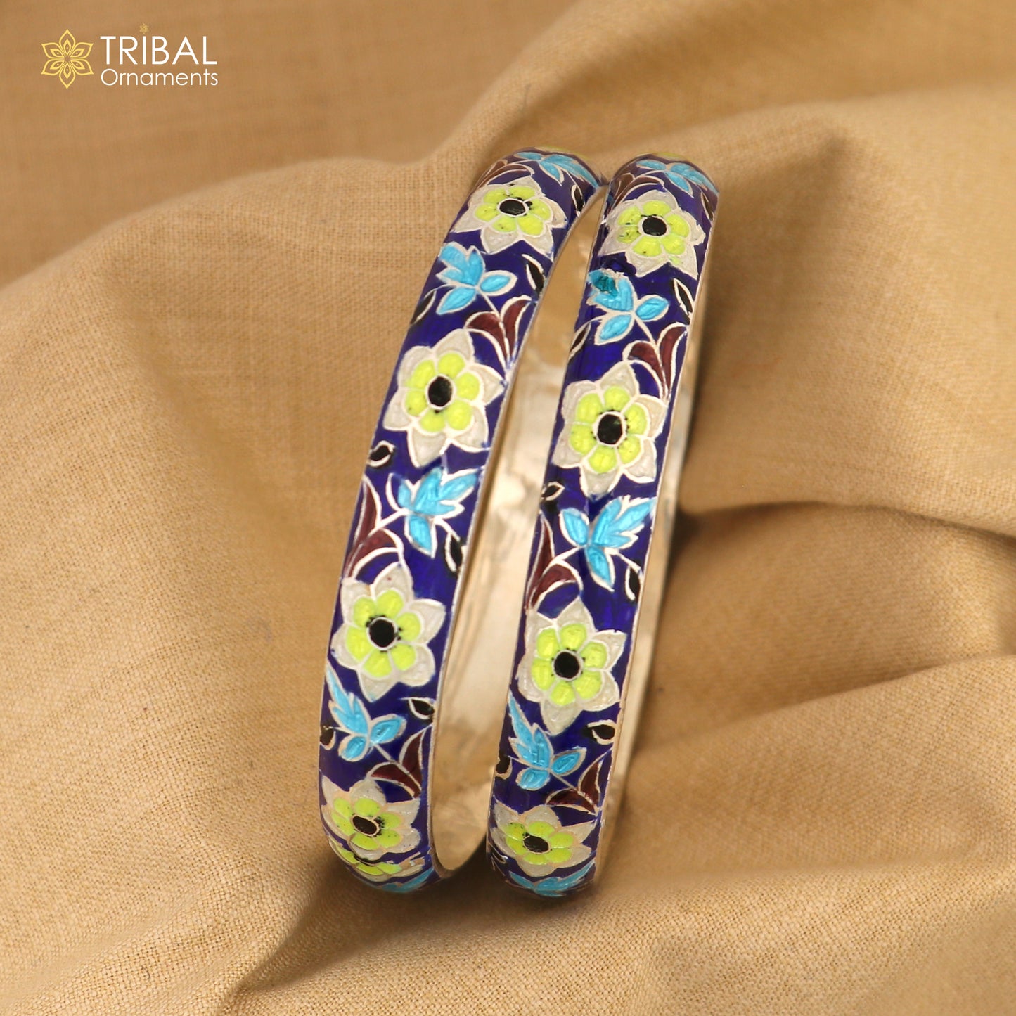 Sterling silver bangles bracelet by TRIBAL ORNAMENTS featuring colorful enamel flower design and vintage style jewelry.