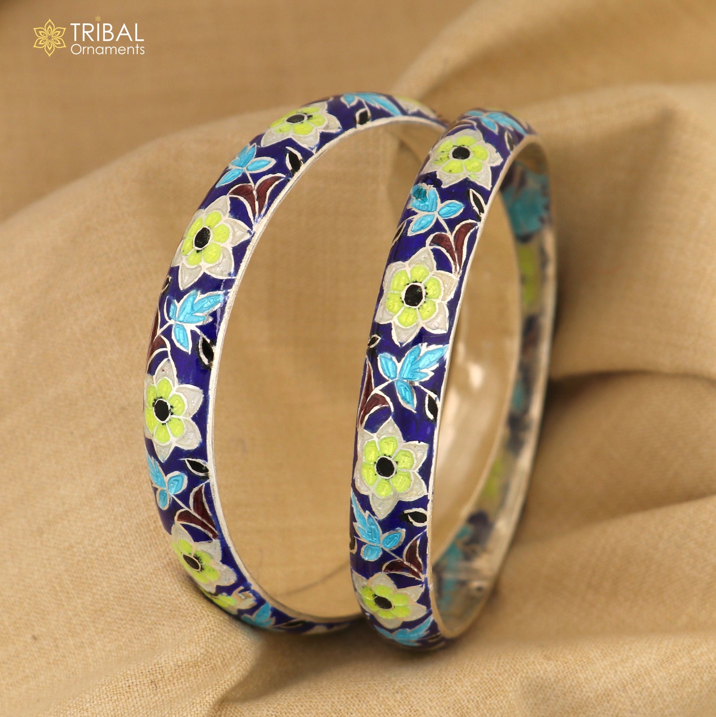 Handcrafted 925 sterling silver bangles with colorful enamel flower design, vintage style tribal jewelry bracelet.