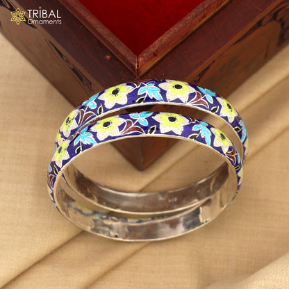 Handcrafted 925 sterling silver bangles with colorful enamel flower design, vintage style bracelet from Tribal Ornaments.
