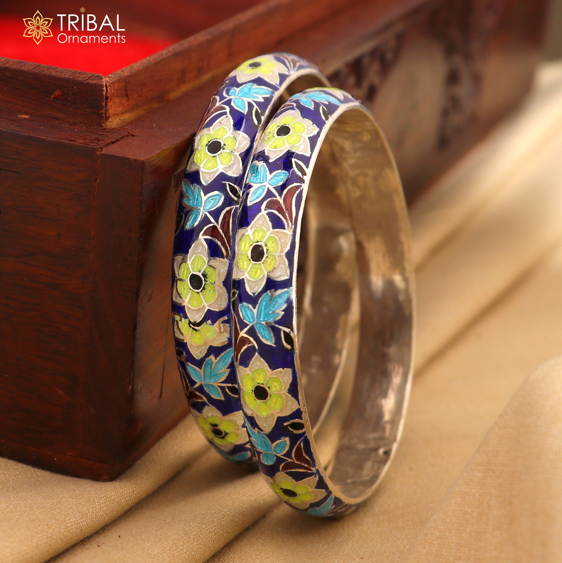 Sterling silver handcrafted bangles with colorful enamel flower design, vintage style jewelry bracelet by Tribal Ornaments.