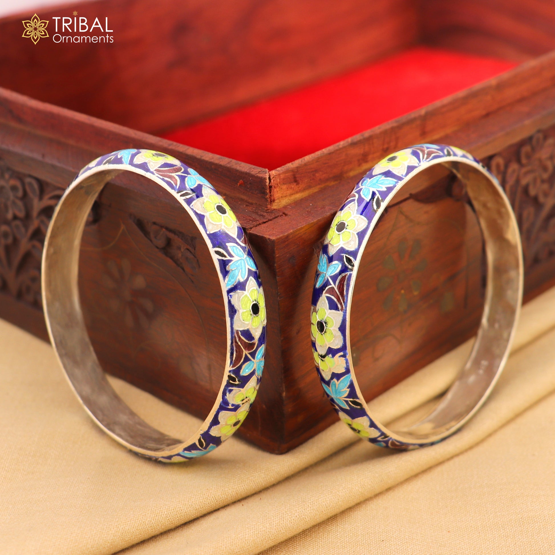 Handcrafted 925 sterling silver bangles with colorful enamel flower design from TRIBAL ORNAMENTS, vintage style bracelet jewelry.