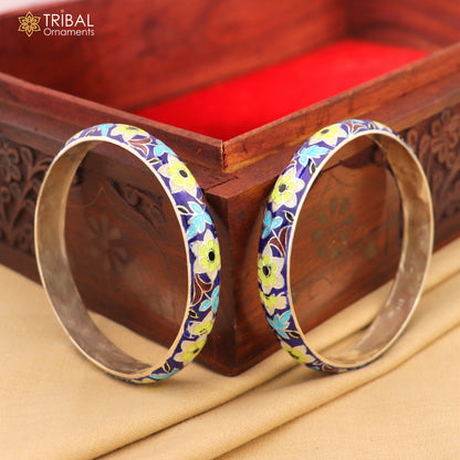 Handcrafted 925 sterling silver bangles with colorful enamel flower design from TRIBAL ORNAMENTS, vintage style bracelet jewelry.