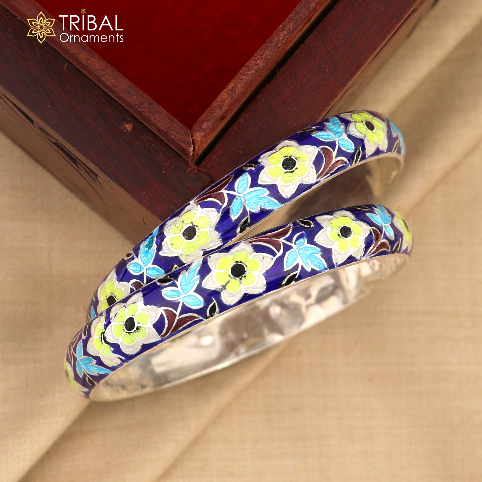 Handcrafted 925 sterling silver bangles with colorful enamel flower design, vintage-style tribal jewelry bracelet.