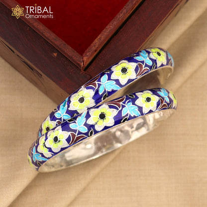 Handcrafted 925 sterling silver bangles with colorful enamel flower design, vintage-style tribal jewelry bracelet.