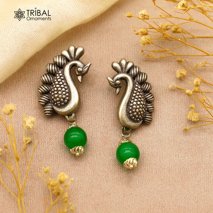 925 sterling silver handcrafted peacock design stud and drop dangle earring by Tribal Ornaments, stylish party wear jewelry.