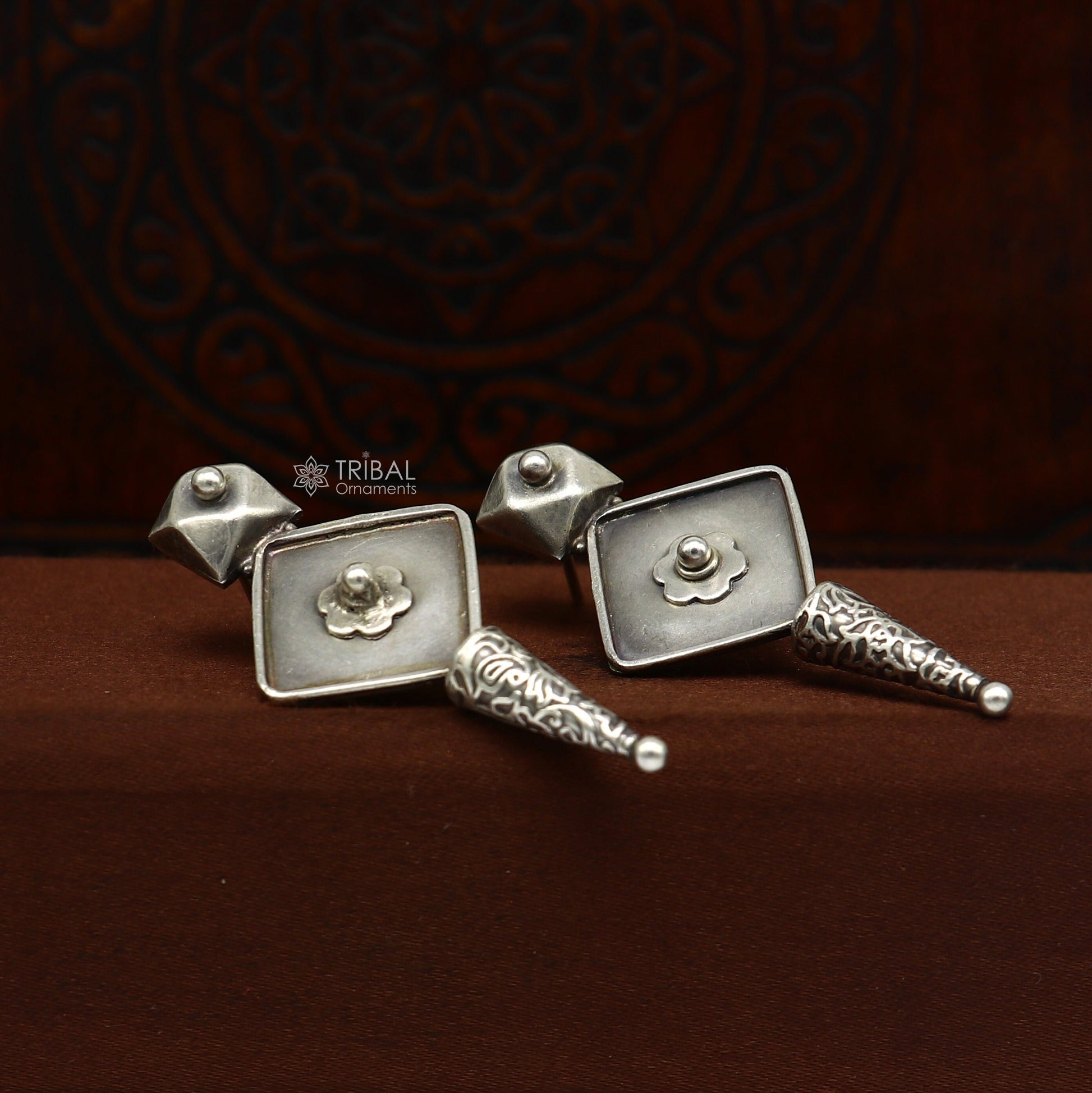 Sterling silver handcrafted stud earring with stylish tribal-inspired design, perfect for parties, gifting, or special occasions.