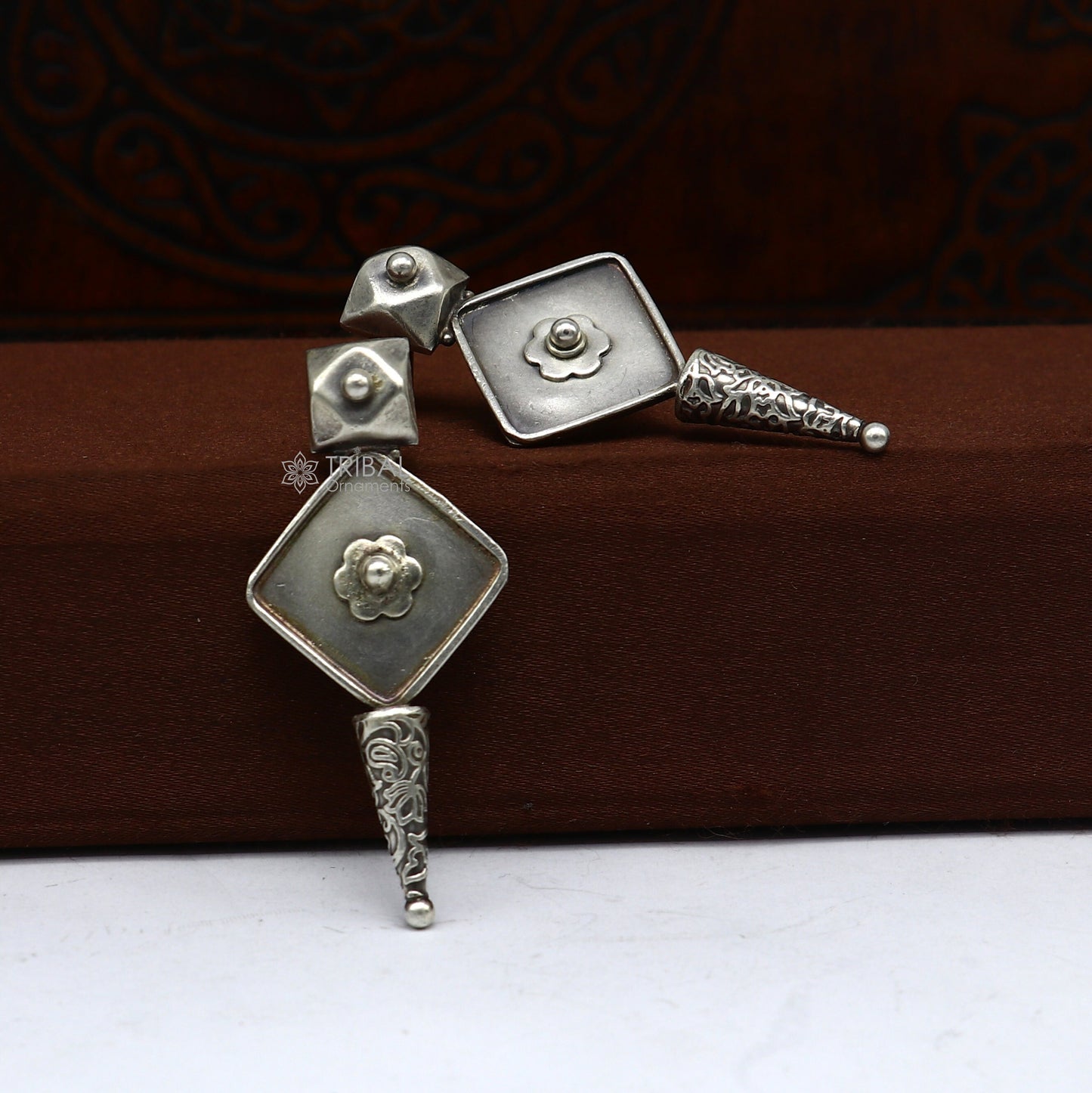 Handcrafted 925 sterling silver stud earring with stylish tribal design, ideal for party wear, gifting, or wedding jewelry.