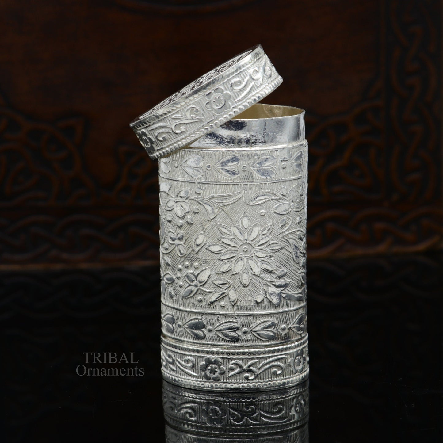 925 sterling silver handcrafted floral design 2 in1 trinket box, tobacco box, tobacco and chuna box, best gifting royal article stb361 - TRIBAL ORNAMENTS