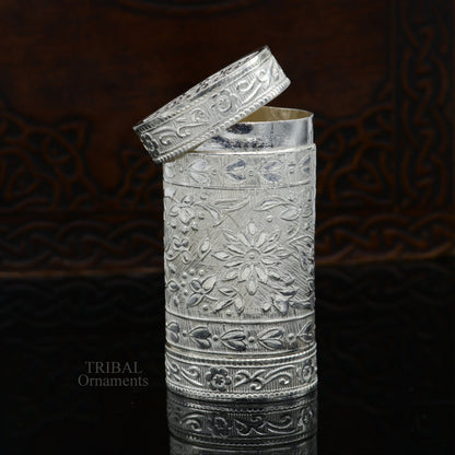 925 sterling silver handcrafted floral 2-in-1 trinket and tobacco box by TRIBAL ORNAMENTS, featuring intricate floral design.
