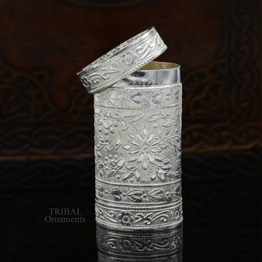 925 sterling silver handcrafted floral design 2 in1 trinket box, tobacco box, tobacco and chuna box, best gifting royal article stb361 - TRIBAL ORNAMENTS