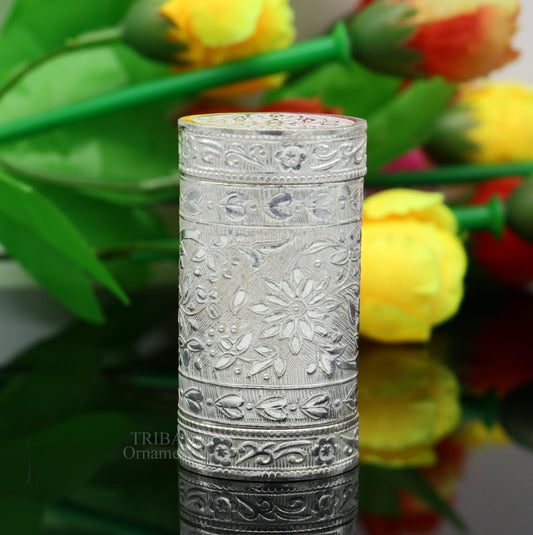 925 sterling silver handcrafted floral design 2 in1 trinket box, tobacco box, tobacco and chuna box, best gifting royal article stb361 - TRIBAL ORNAMENTS