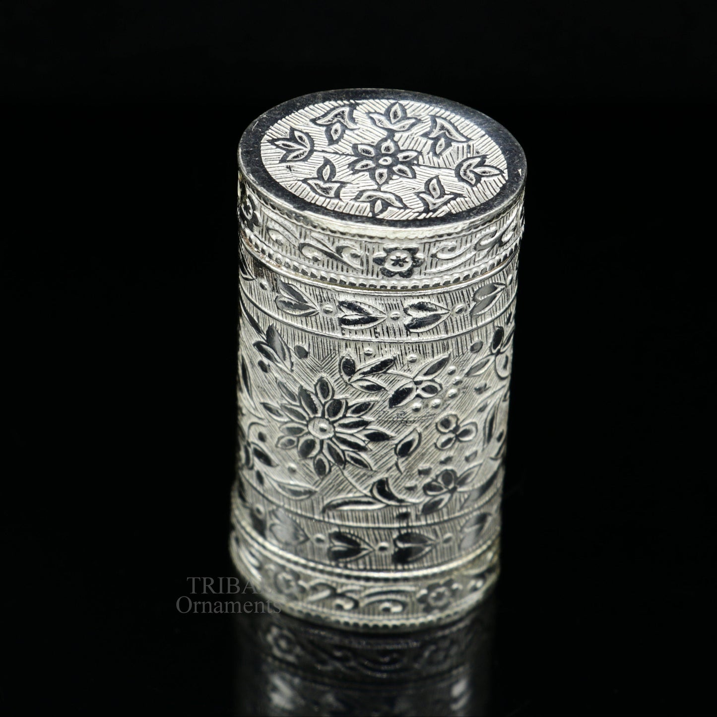 925 sterling silver handcrafted floral design 2 in1 trinket box, tobacco box, tobacco and chuna box, best gifting royal article stb361 - TRIBAL ORNAMENTS