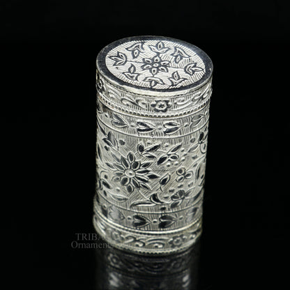 925 sterling silver handcrafted floral 2-in-1 trinket and tobacco box by TRIBAL ORNAMENTS, detailed floral design, elegant and functional.