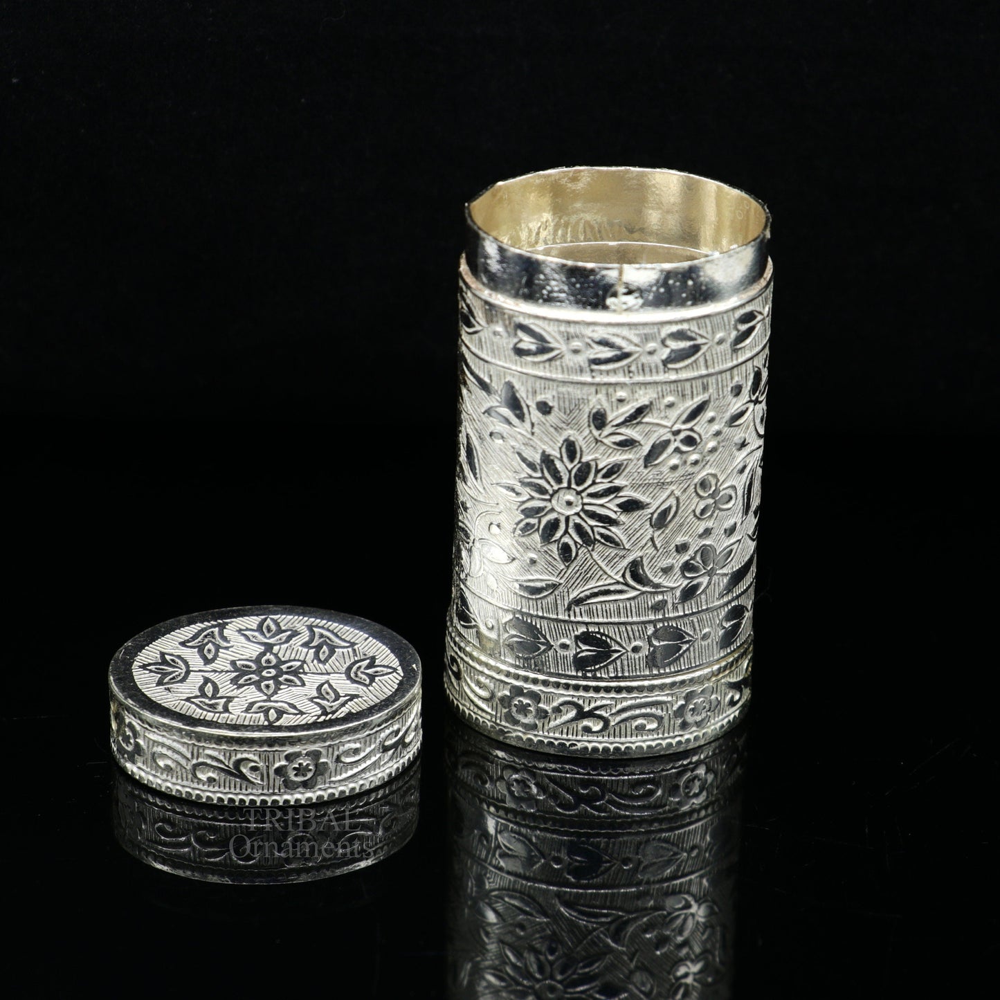 925 sterling silver handcrafted floral design 2 in1 trinket box, tobacco box, tobacco and chuna box, best gifting royal article stb361 - TRIBAL ORNAMENTS