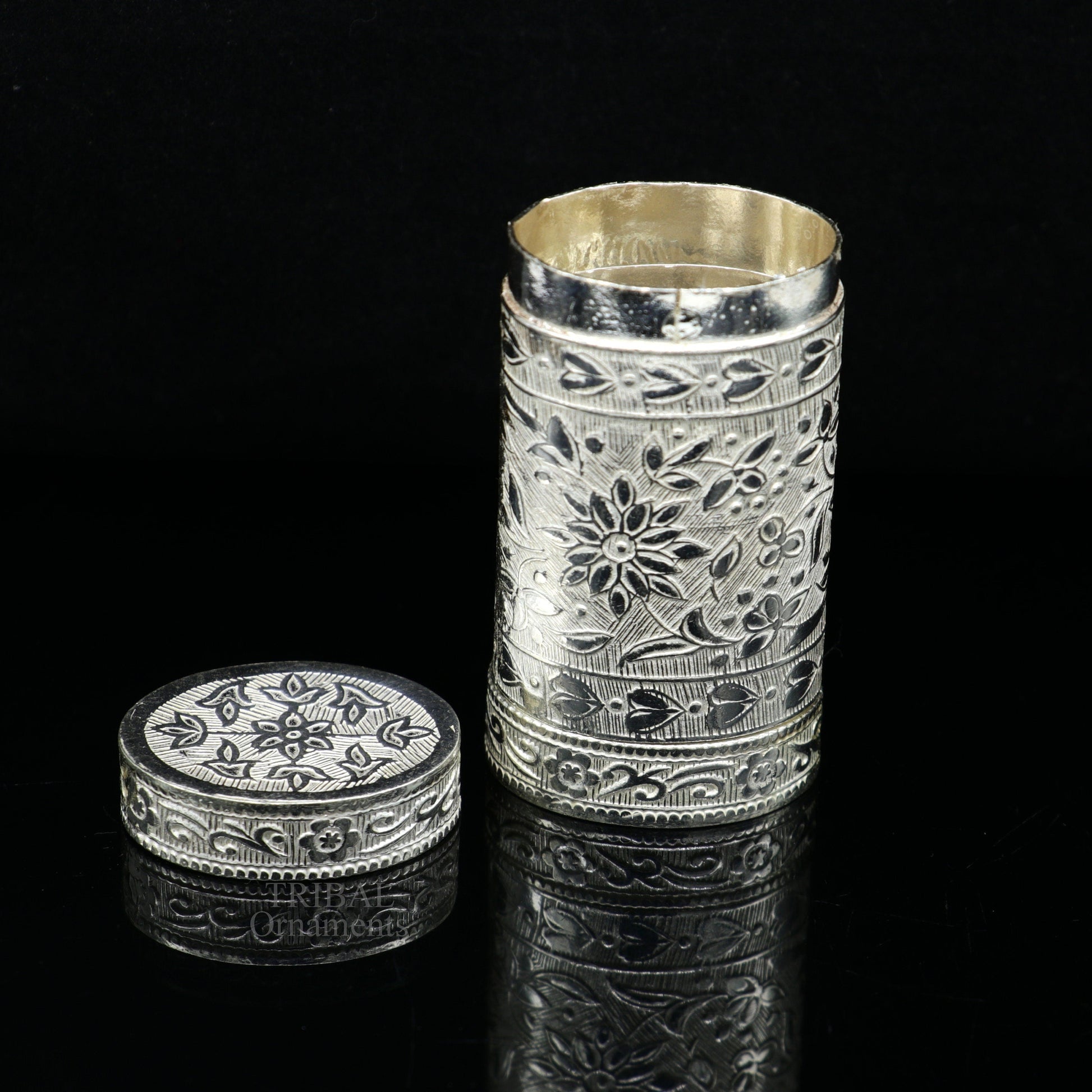 925 sterling silver handcrafted floral design 2 in1 trinket box, tobacco box, tobacco and chuna box, best gifting royal article stb361 - TRIBAL ORNAMENTS