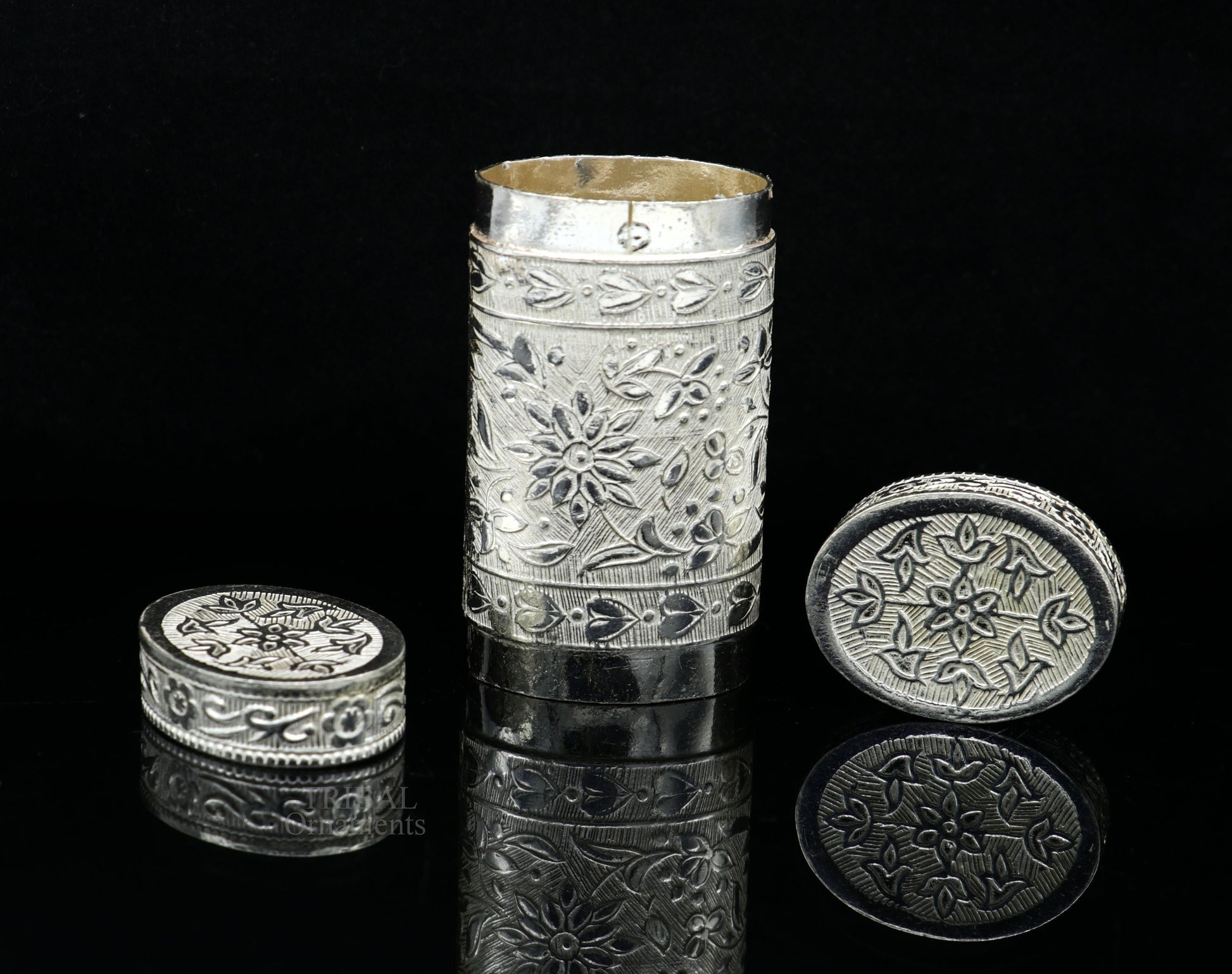 925 sterling silver handcrafted floral design 2 in1 trinket box, tobacco box, tobacco and chuna box, best gifting royal article stb361 - TRIBAL ORNAMENTS