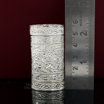 925 sterling silver handcrafted floral 2-in-1 trinket and tobacco box by TRIBAL ORNAMENTS with intricate floral design.