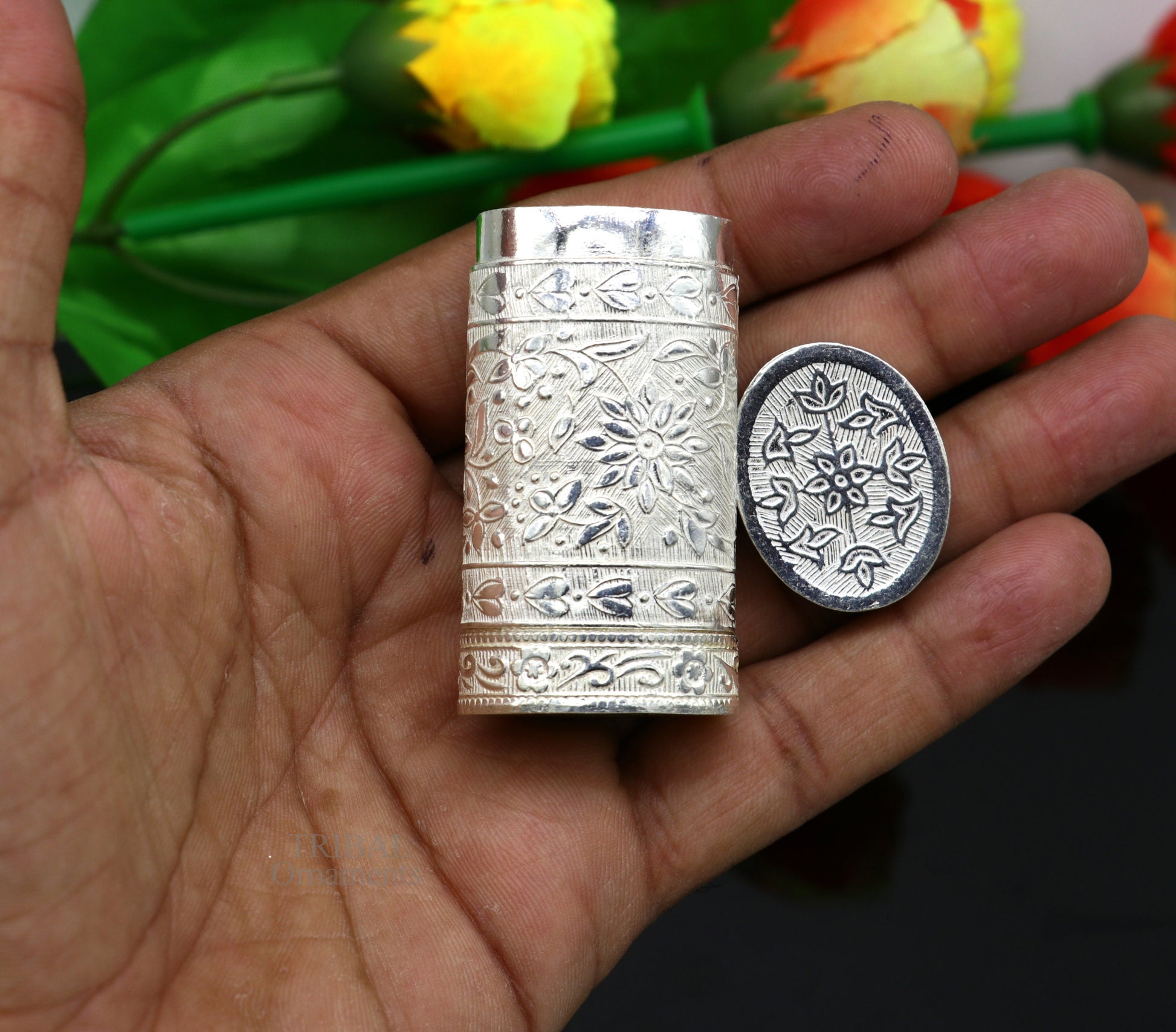 925 sterling silver handcrafted floral design 2 in1 trinket box, tobacco box, tobacco and chuna box, best gifting royal article stb361 - TRIBAL ORNAMENTS