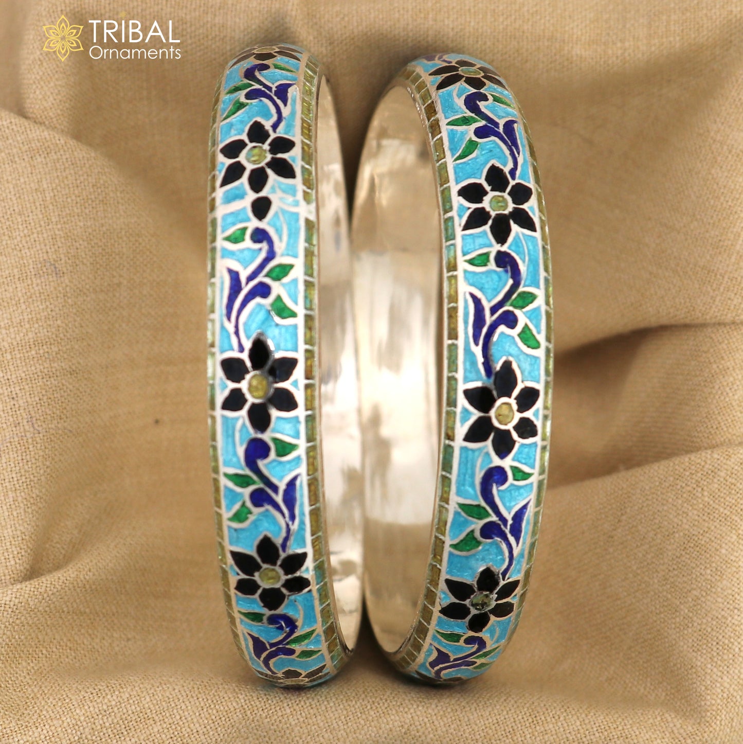925 sterling silver handcrafted multicolor enamel flower design bangles bracelet nba453 - TRIBAL ORNAMENTS