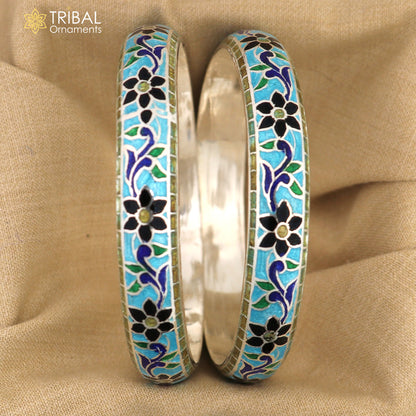 Handcrafted 925 sterling silver bangles with multicolor enamel flower design from TRIBAL ORNAMENTS, stylish bracelet for women