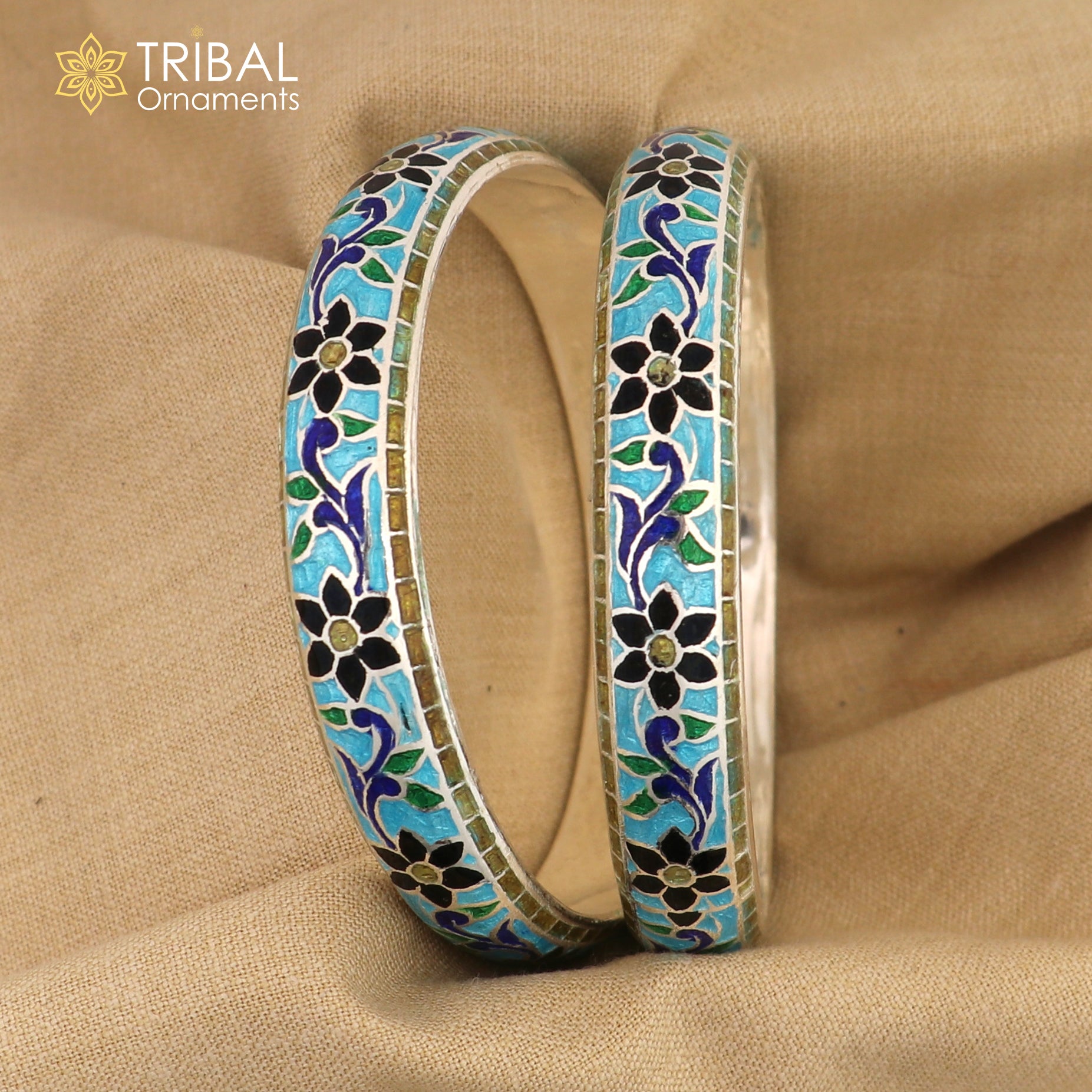 925 sterling silver handcrafted multicolor enamel flower design bangles bracelet nba453 - TRIBAL ORNAMENTS