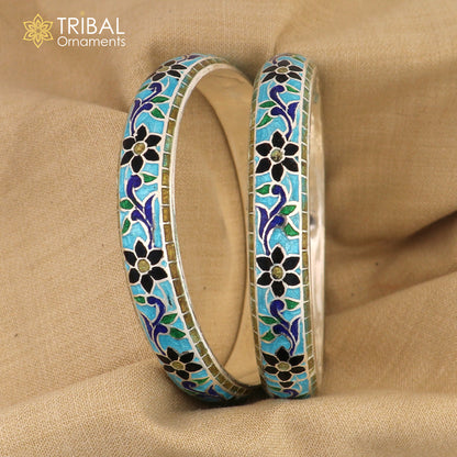 Handcrafted 925 sterling silver bangles with multicolor enamel flower design from TRIBAL ORNAMENTS, showcasing intricate floral patterns.