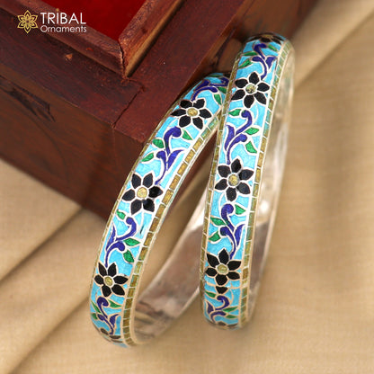 Handcrafted 925 sterling silver bangles with multicolor enamel flower design from Tribal Ornaments.