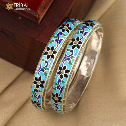 Handcrafted 925 sterling silver bangles with multicolor enamel flower design from Tribal Ornaments, featuring vibrant floral patterns.