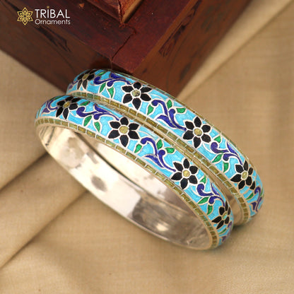 Handcrafted 925 sterling silver bangles with multicolor enamel flower design from TRIBAL ORNAMENTS, featuring intricate floral details.