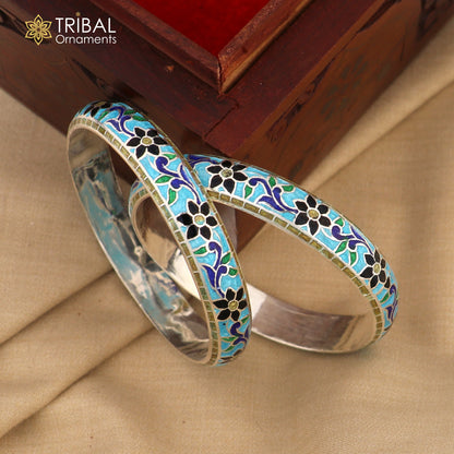 Handcrafted 925 sterling silver bangles with multicolor enamel flower design from Tribal Ornaments, featuring intricate floral details.