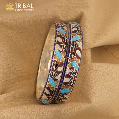 925 sterling silver bangles with handcrafted multicolor enamel flower design from TRIBAL ORNAMENTS, showcasing intricate jewelry craftsmanship.