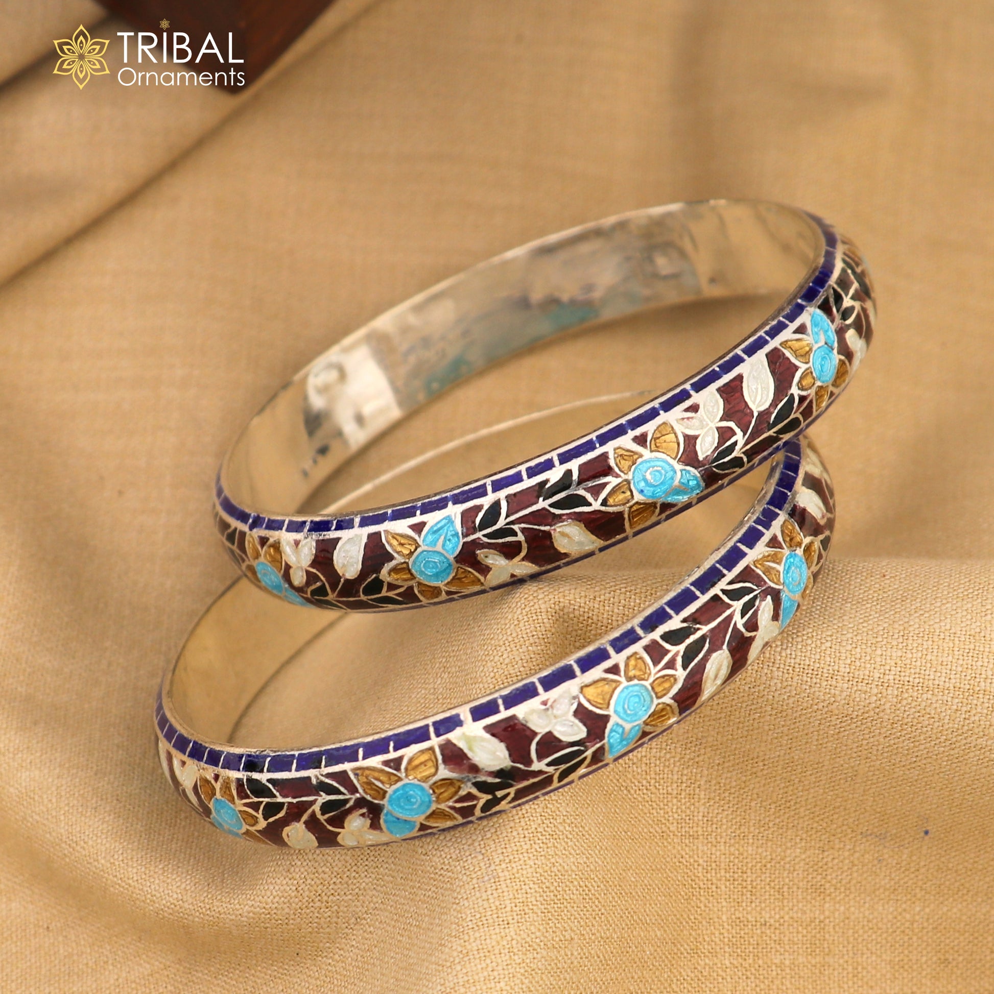 925 sterling silver handcrafted multicolor enamel flower design bangles bracelet nba457 - TRIBAL ORNAMENTS