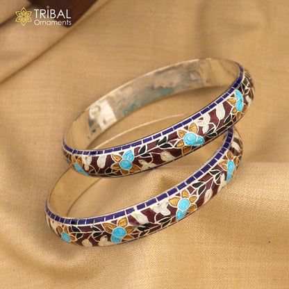 Handcrafted 925 sterling silver bangles with multicolor enamel flower design by TRIBAL ORNAMENTS