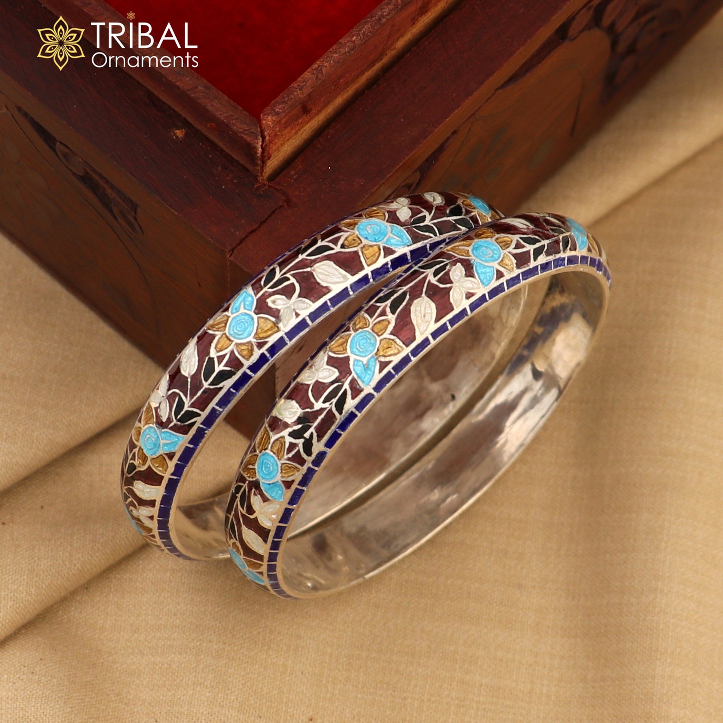 925 sterling silver handcrafted multicolor enamel flower design bangles bracelet nba457 - TRIBAL ORNAMENTS