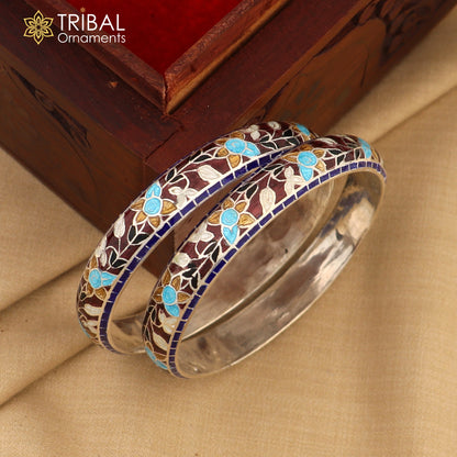 Handcrafted 925 sterling silver bangles with multicolor enamel flower design from TRIBAL ORNAMENTS, stylish jewelry bracelet.