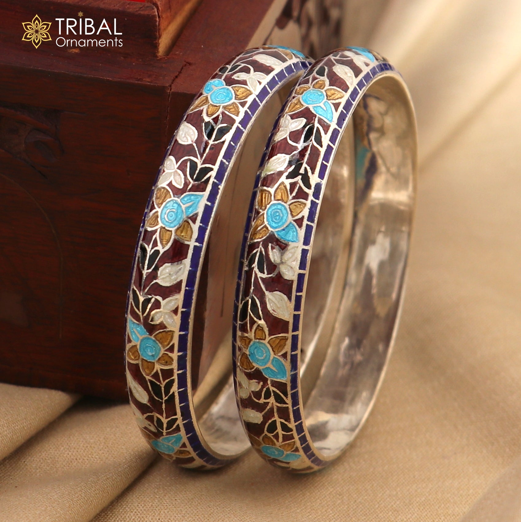 925 sterling silver handcrafted multicolor enamel flower design bangles bracelet nba457 - TRIBAL ORNAMENTS