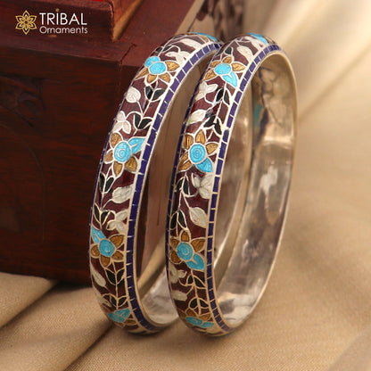 Handcrafted 925 sterling silver bangles with multicolor enamel flower design by TRIBAL ORNAMENTS, stylish jewelry bracelet.
