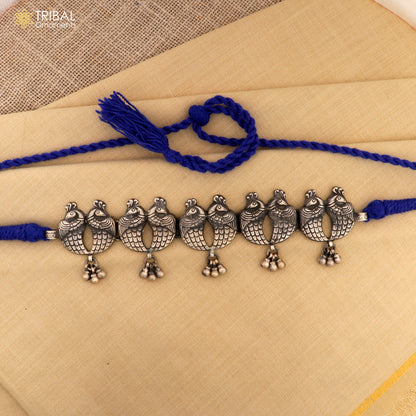 Sterling silver handcrafted peacock ethnic charm necklace with tribal jewelry set featuring intricate tribal ornament design.