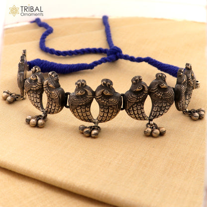 Handcrafted 925 sterling silver peacock design ethnic charm necklace and tribal jewelry set by TRIBAL ORNAMENTS.