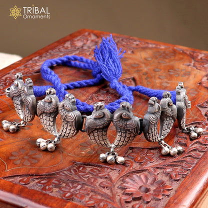 Handcrafted 925 sterling silver peacock design ethnic charm necklace and tribal jewelry set by TRIBAL ORNAMENTS.