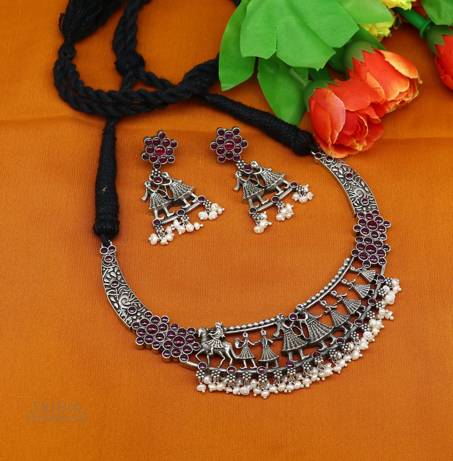 925 sterling silver handcrafted vintage design Groom with musician band ethnic charm necklace choker tribal belly dance jewelry set279 - TRIBAL ORNAMENTS