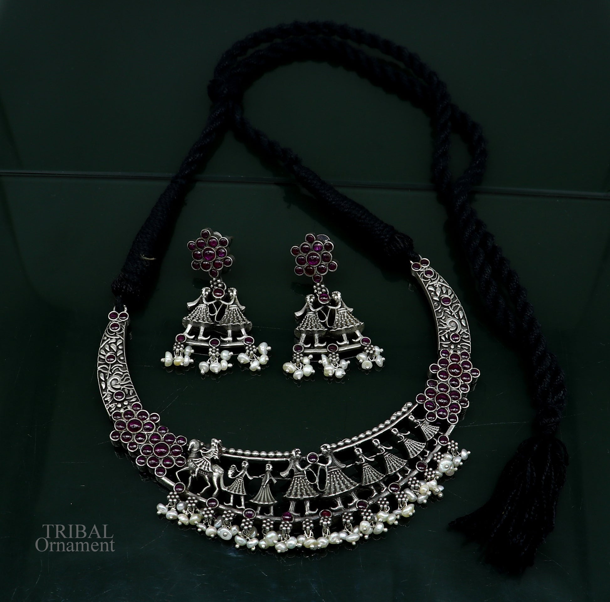 925 sterling silver handcrafted vintage design Groom with musician band ethnic charm necklace choker tribal belly dance jewelry set279 - TRIBAL ORNAMENTS