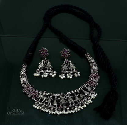 Sterling silver vintage groom and musician band tribal charm necklace and choker set, handcrafted tribal belly dance jewelry by TRIBAL ORNAMENTS