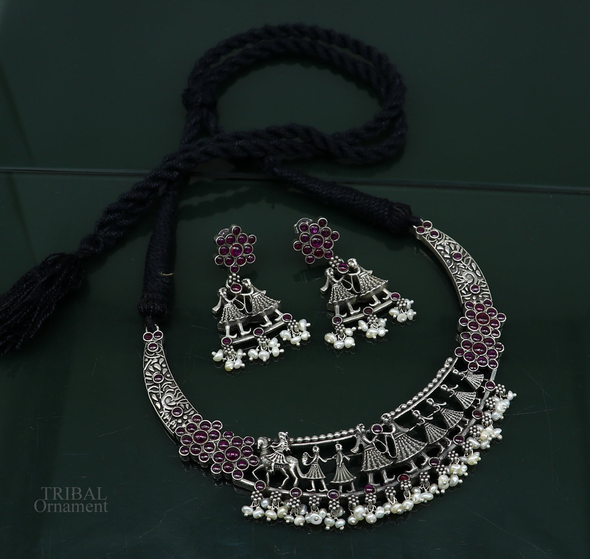 925 sterling silver handcrafted vintage design Groom with musician band ethnic charm necklace choker tribal belly dance jewelry set279 - TRIBAL ORNAMENTS