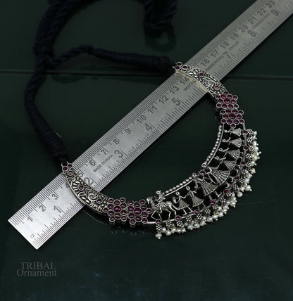 Handcrafted 925 sterling silver vintage groom and musician band ethnic charm necklace and choker set by TRIBAL ORNAMENTS.