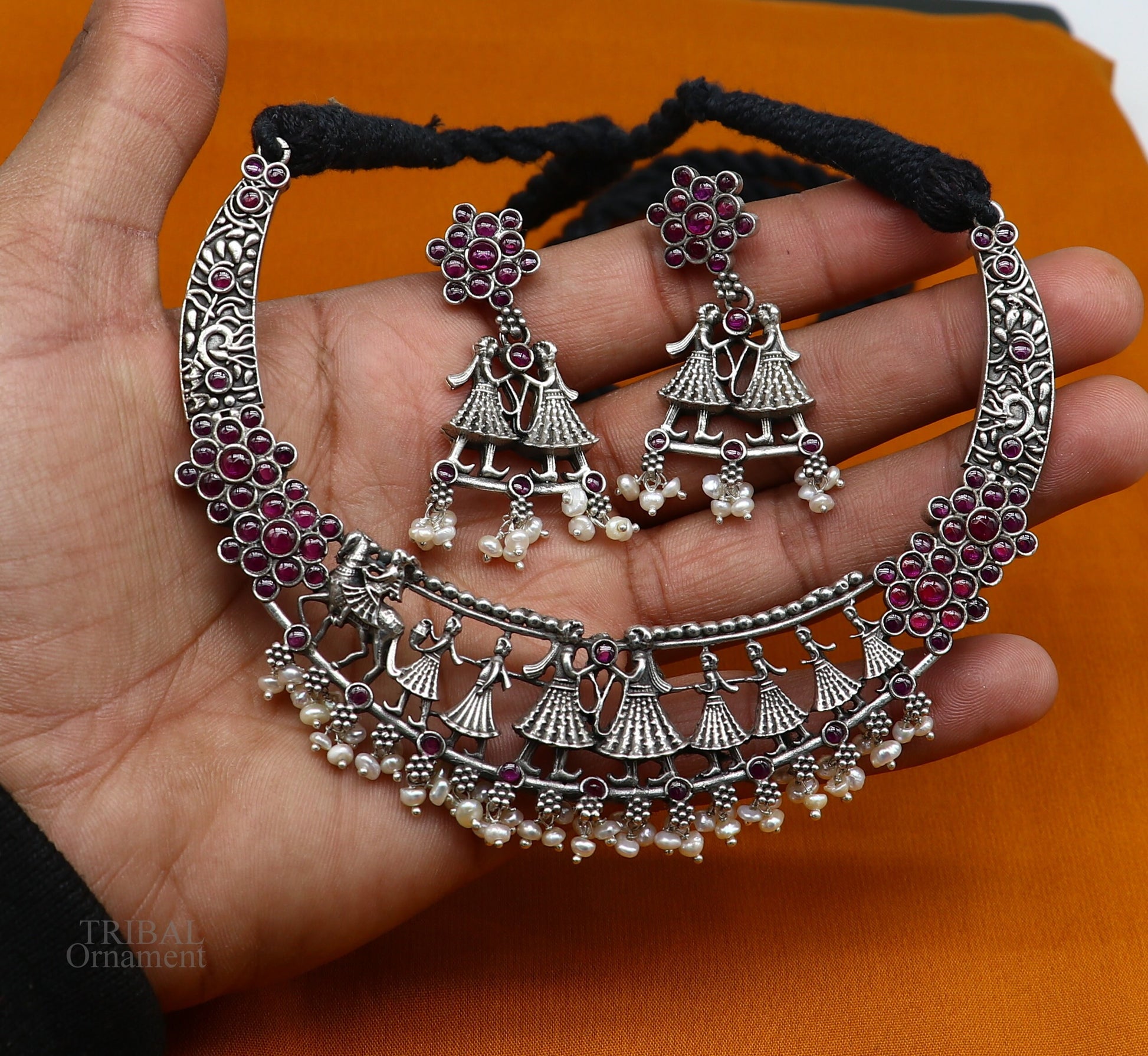 925 sterling silver handcrafted vintage design Groom with musician band ethnic charm necklace choker tribal belly dance jewelry set279 - TRIBAL ORNAMENTS