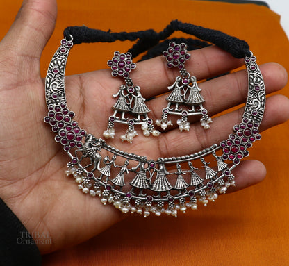 Handcrafted 925 sterling silver vintage tribal groom necklace with musician band ethnic charm and choker design, tribal belly dance jewelry set