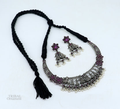 Sterling silver vintage groom necklace and choker with musician band ethnic charms, tribal belly dance jewelry set by TRIBAL ORNAMENTS